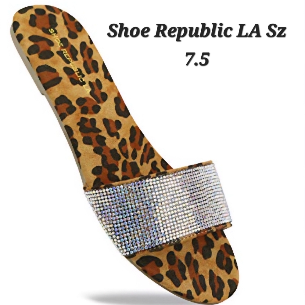 Shoe Republic LA Leopard Rhinestone Slide Sandals Sz 7.5 Fits 8.5–9 NWOB